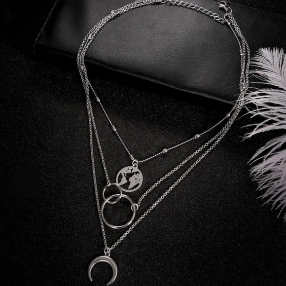 Silver Layered Map Crecent Necklace - Picture 5 of 6